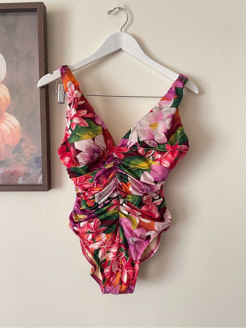Miraclesuit Floral Ruched One Piece Swimsuit Pink Magenta US 12 Bathing Suit